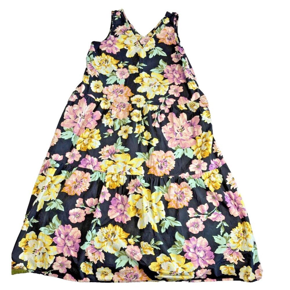 Who What Wear Black Yellow Tiered Floral Maxi Dress100% Cotton Sz XL Langenlook